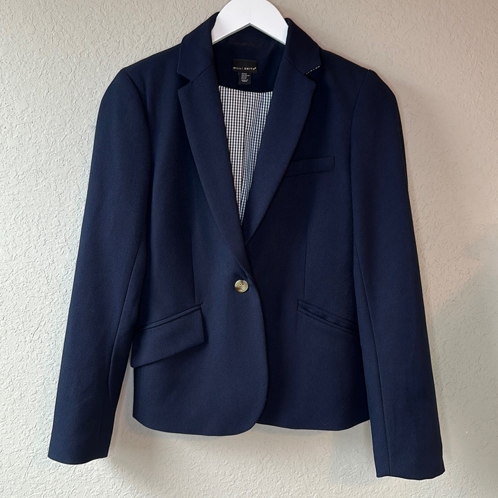 Willi Smith Navy Blue Gingham‎ Lined Blazer Size XS